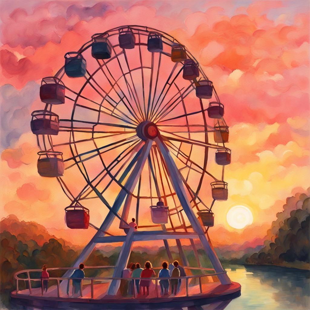 Sunset Ferris Wheel Ride in Gouache Watercolor Style