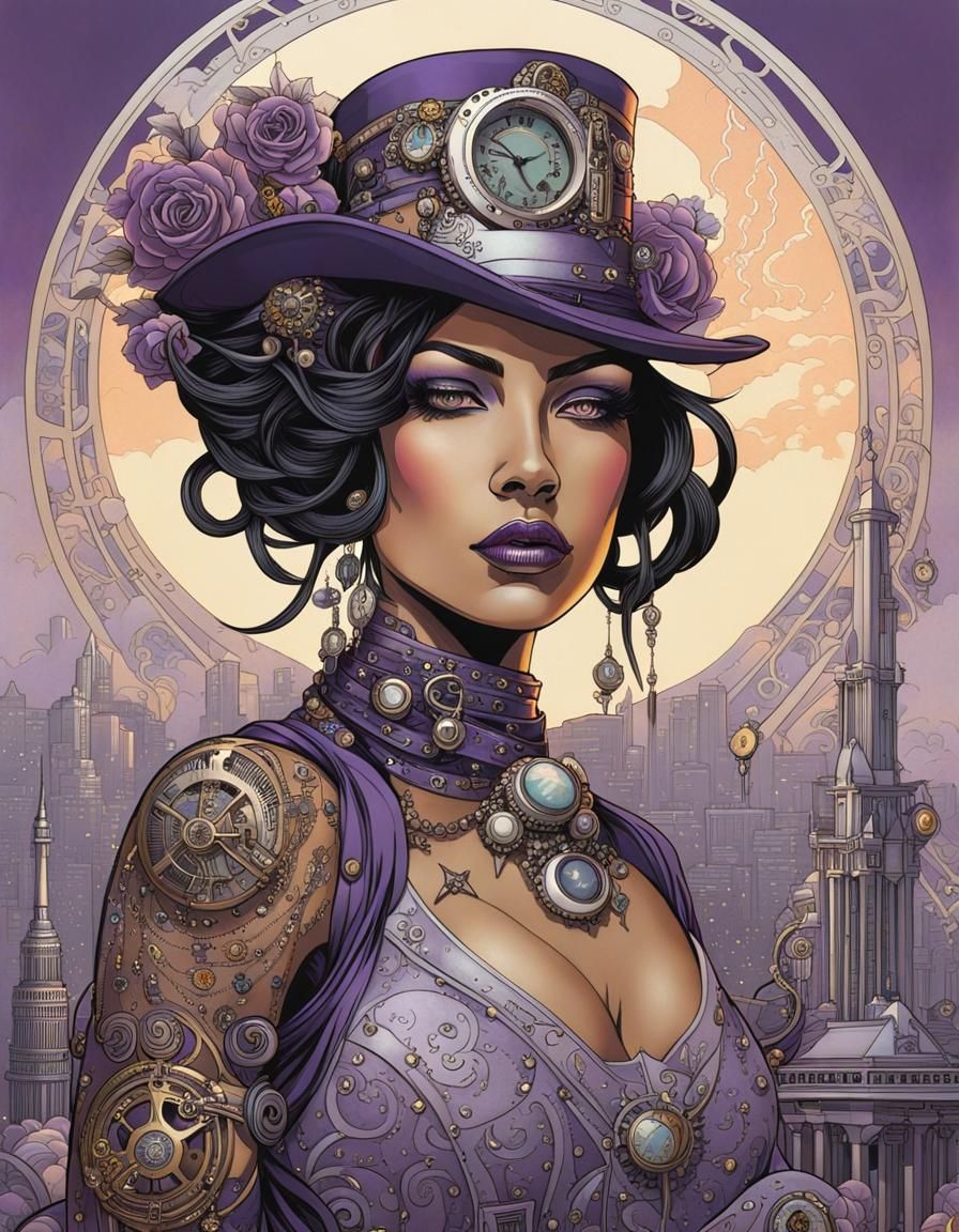 Steampunk woman purple drawing