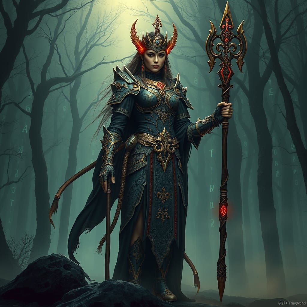 Cyberpunk Warrior Queen in Mystical Forest