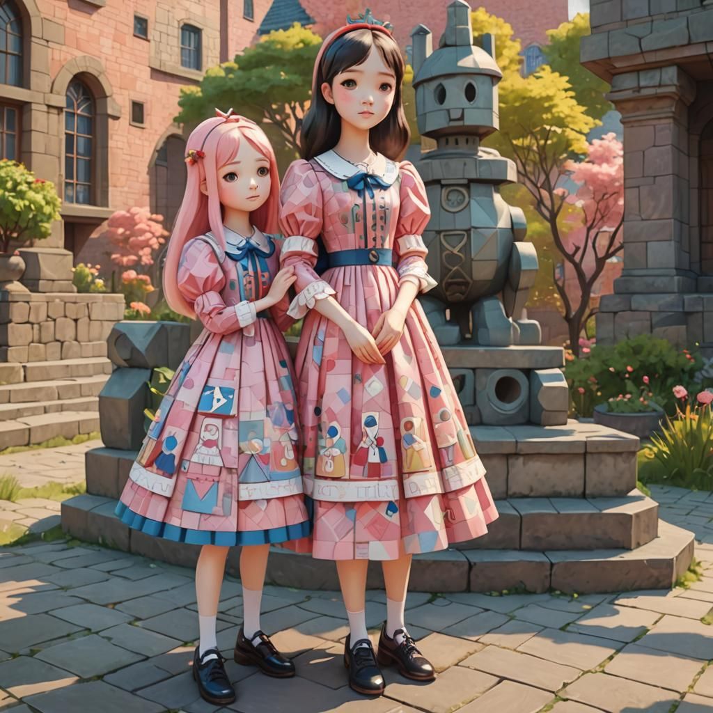 South Korean Sisters in cute Paul Klee patterned Victorian d...