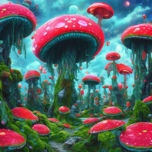  <lora:MJ6 Dark Fantasy DS8:1.0> An alien landscape teeming with bizarre flora and fauna