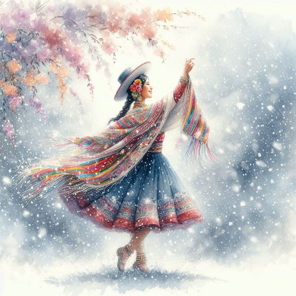 A Peruvian woman dances in the Mountains in a romantic watercolor