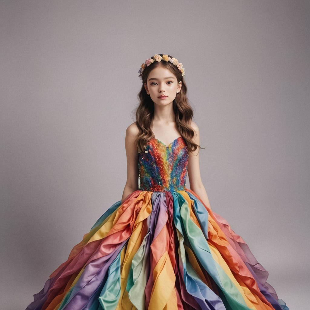 A beautiful girl wearing a gown made in rainbow,