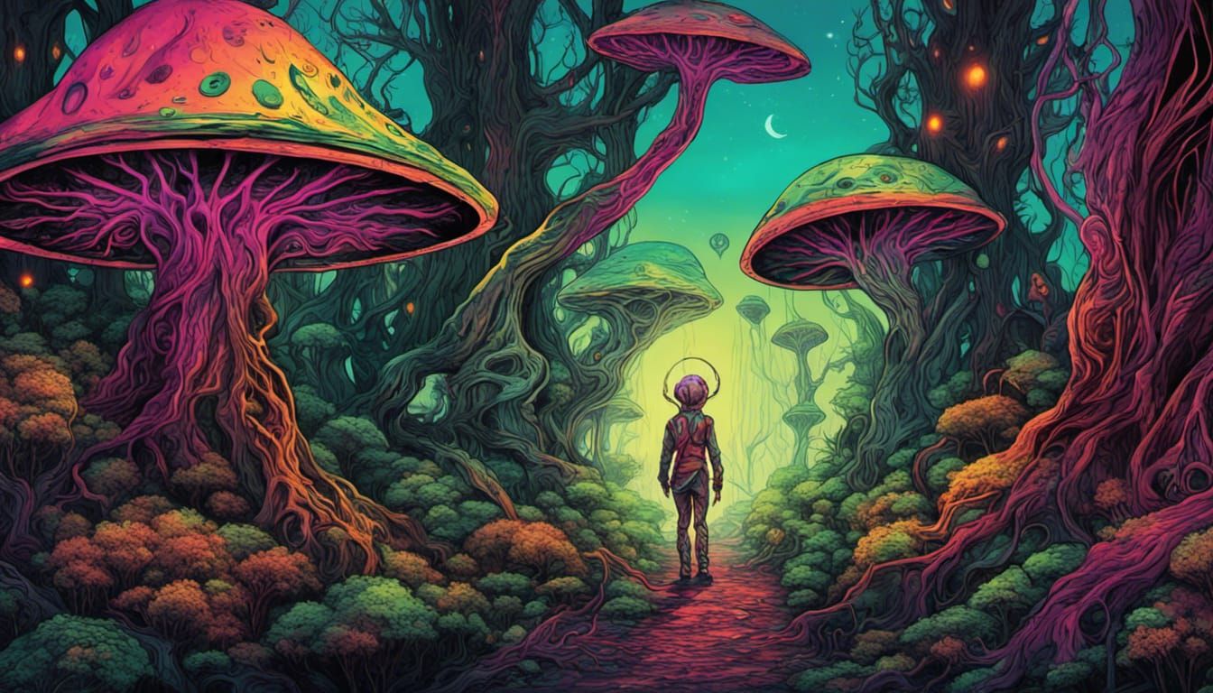 an alien psychedelic forest elf walking in an alien psychede...