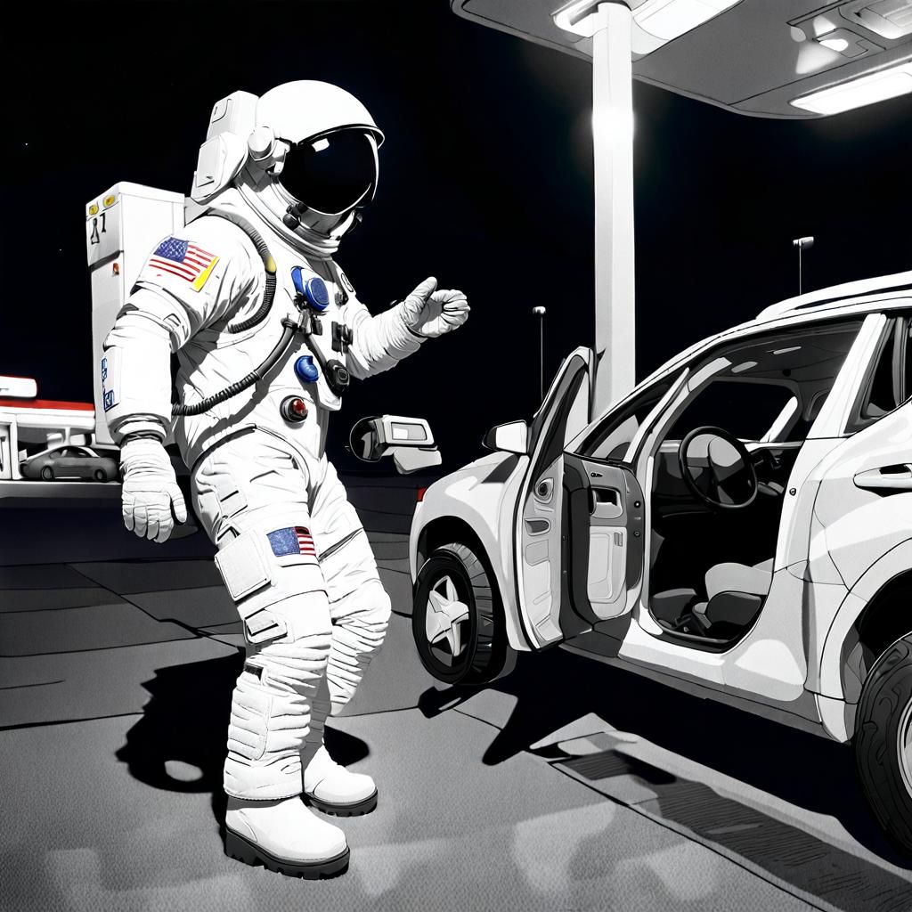 a monochrome photograph that features an astronaut, dressed in a full white space suit complete with a helmet and boots,...