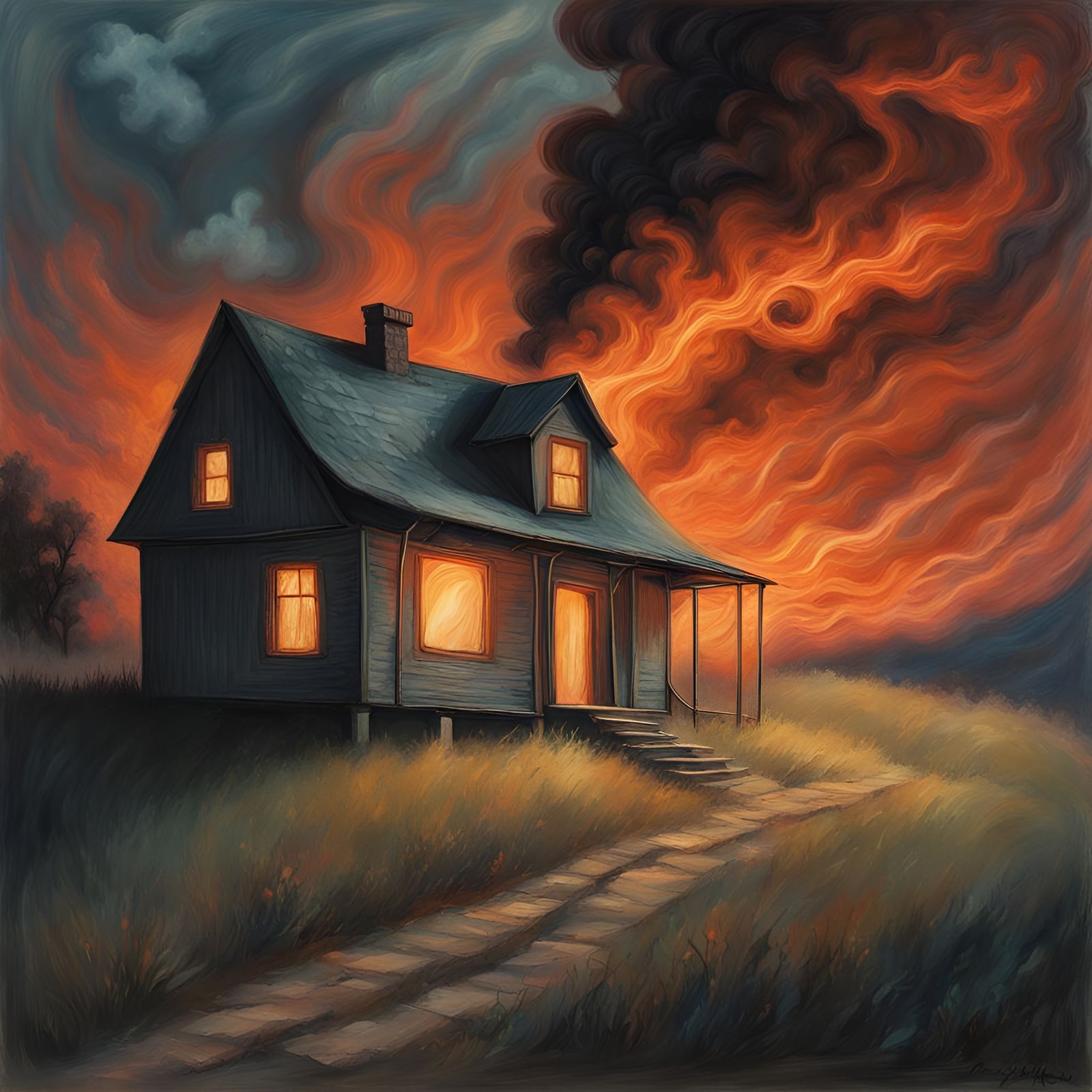 in flames