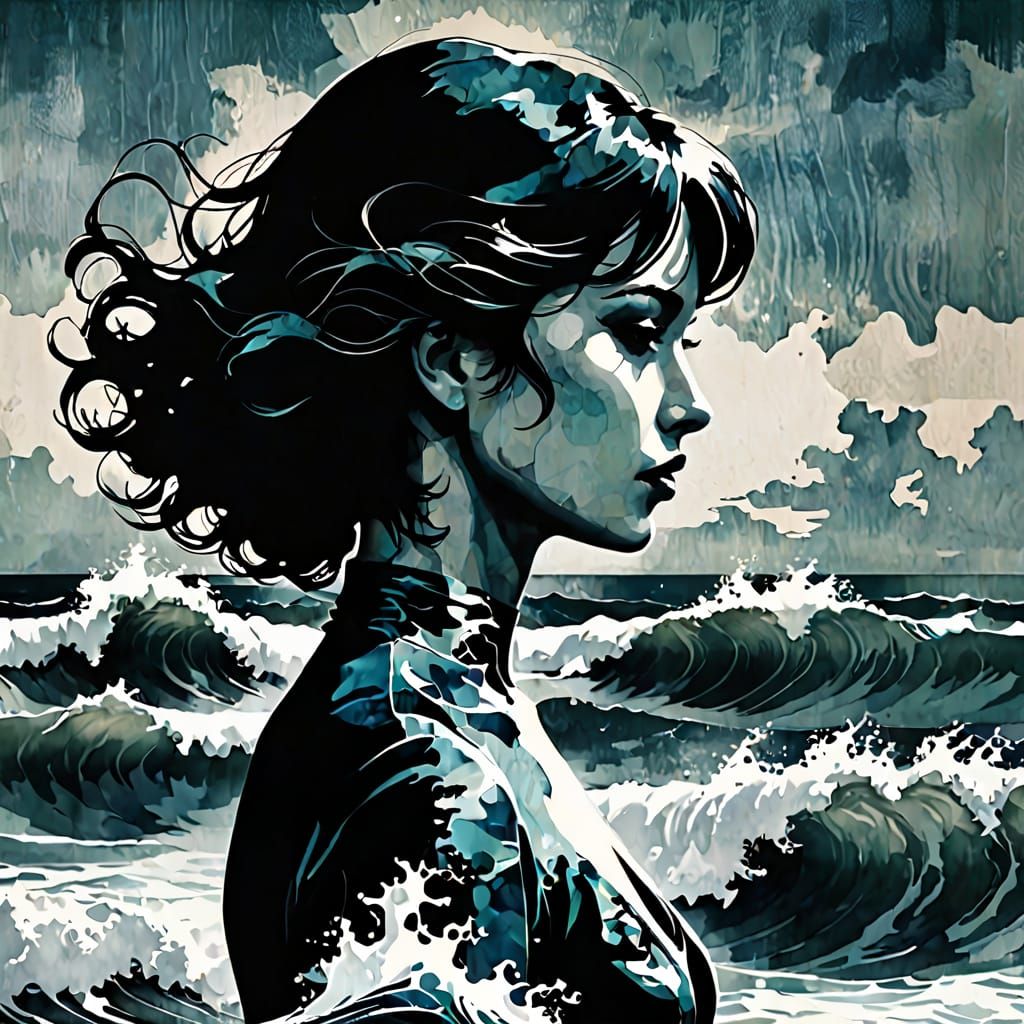 The  woman's silhouette and the movement of the waves.