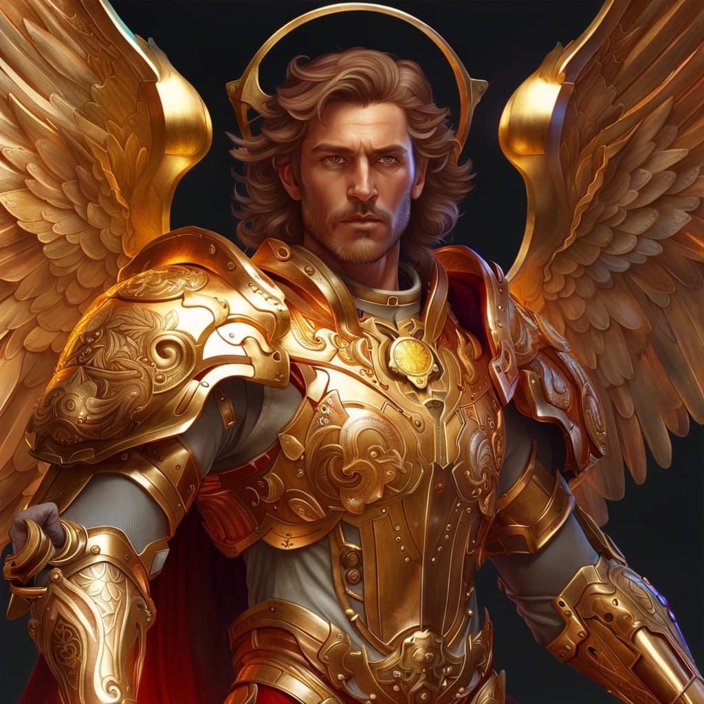 an angel Michell man in golden armor zodiac sign aries as a beautiful ...