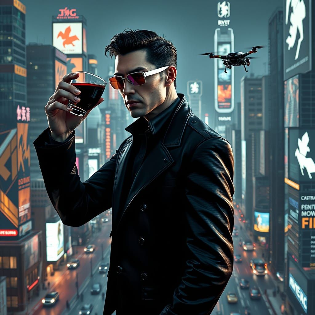 Modern Vampire Amidst Futuristic Cityscape in Neon Glory