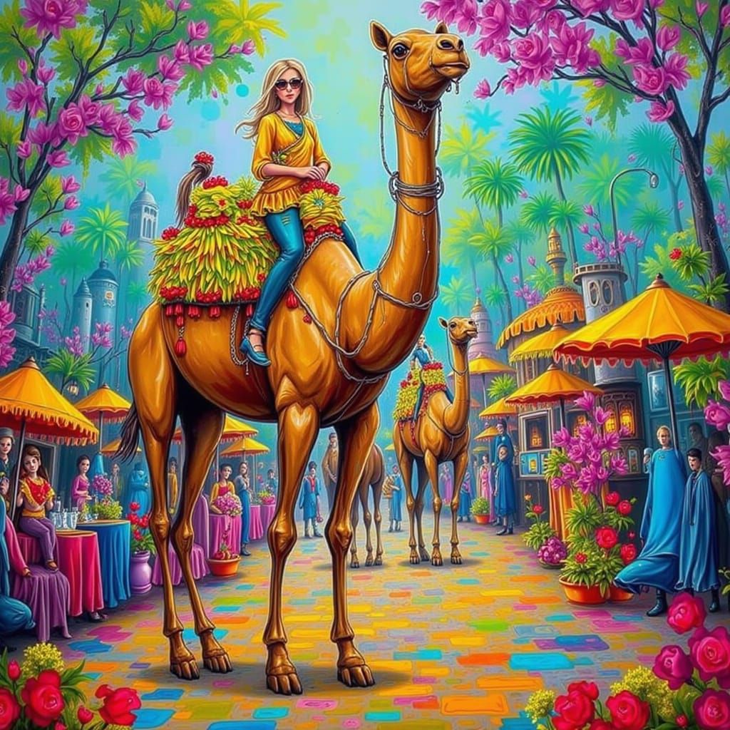 <lora:BLOOMING VIBRANT:1.0> Camel at a Moroccan bazaar