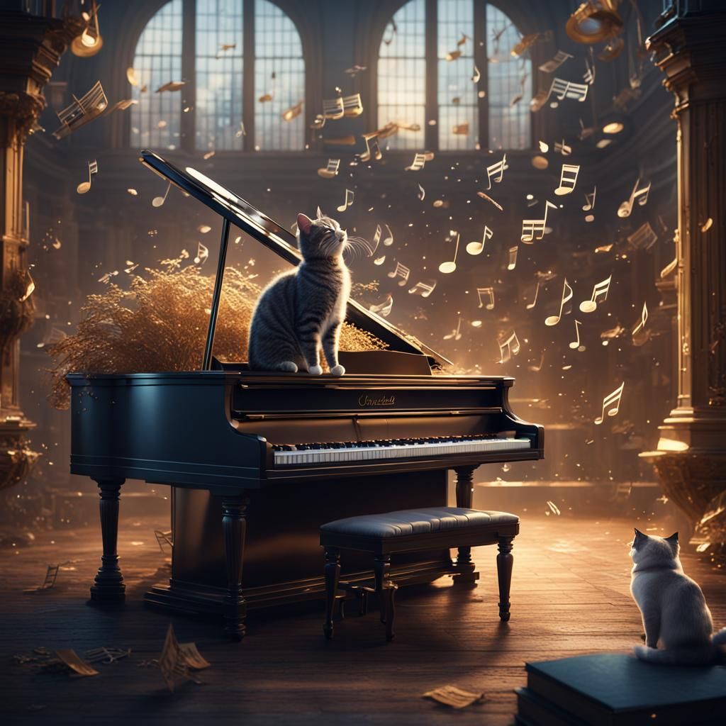 Cats and a piano. Musical notes flying in the air.   by @Tasmaniac01
