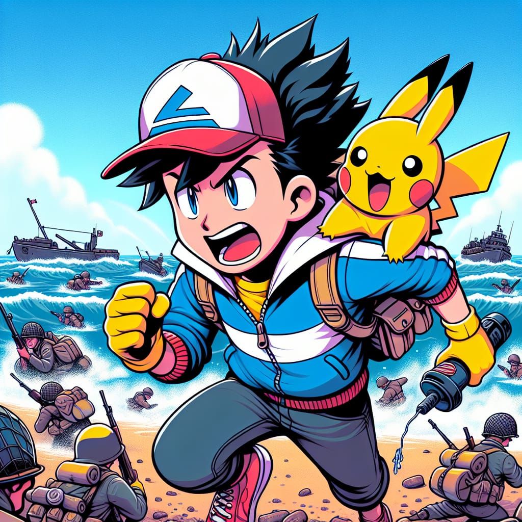 A Realistic depiction of Ash from Pokémon, Storming the beac...
