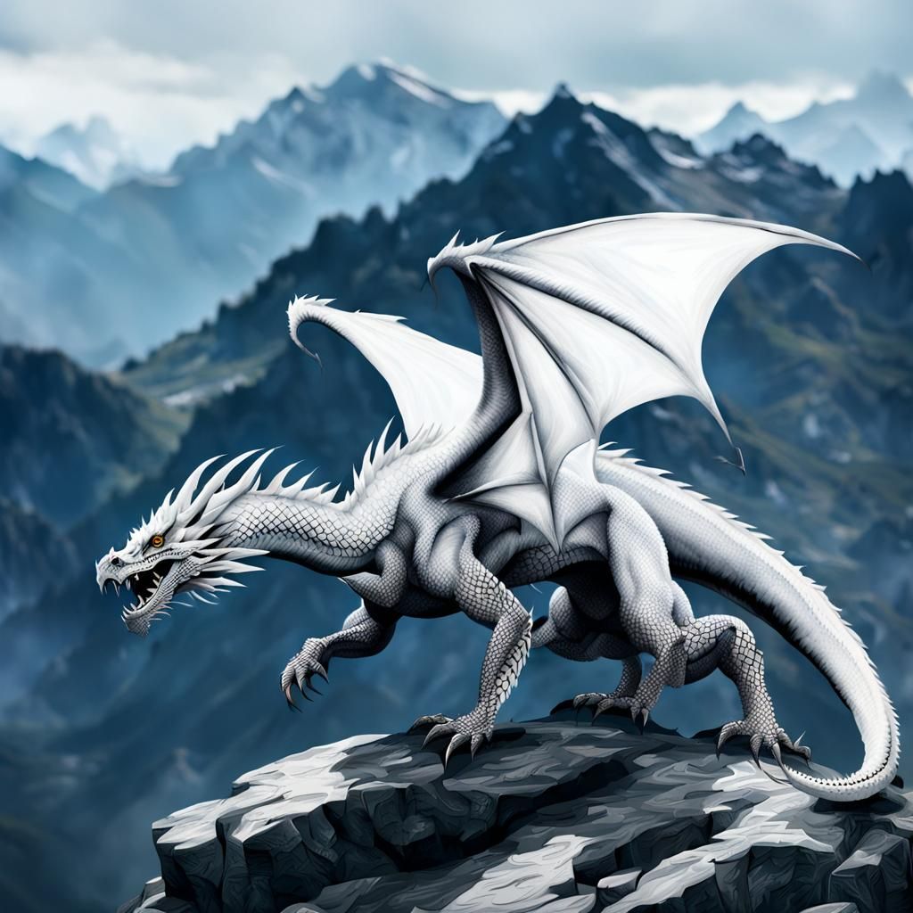 A white dragon with black tattoos. The dragon is flying over...