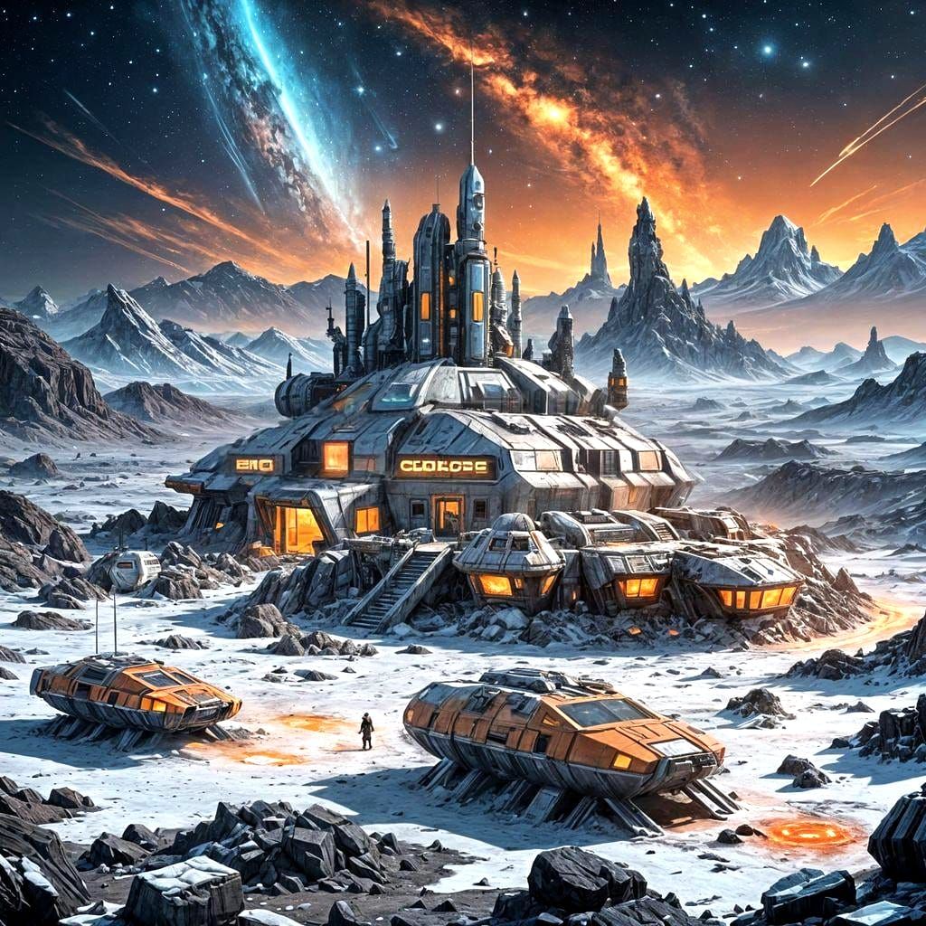 broken landscape of stone and ice on a planet in deep space, cold stars and nebulae overhead. There is a building, science fiction space col...