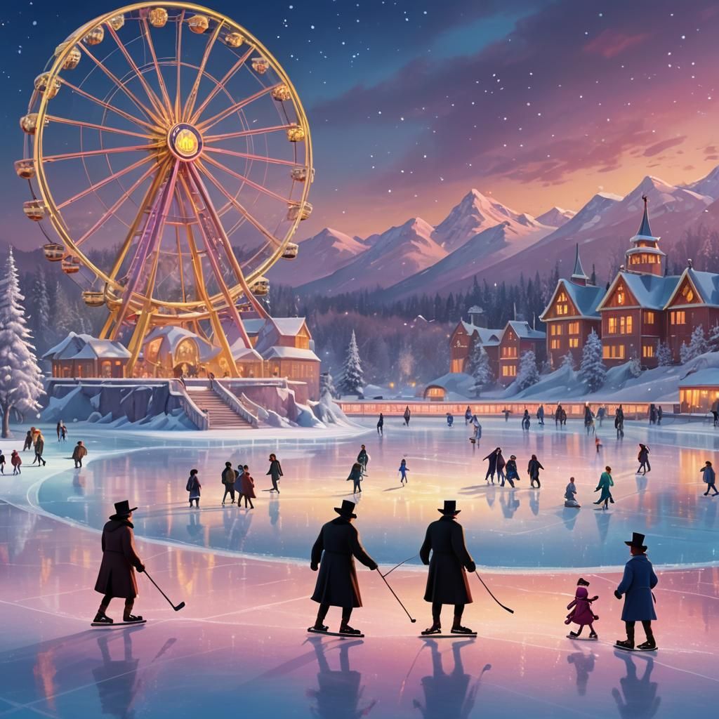 Chassidic Jews Ice-Skating: Pixar-Style Digital Painting