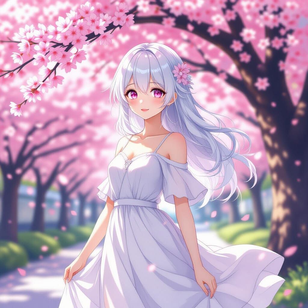 Ethereal Girl Under Sakura Tree in Anime Style