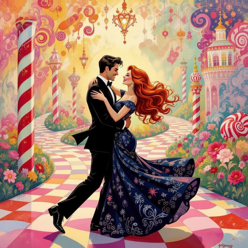 Joyful Couple Dancing in Vibrant Candyland Wonderland