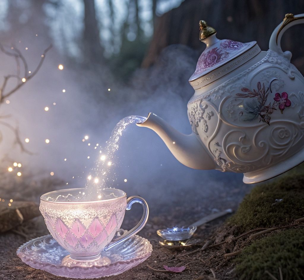An enchanted teapot, pouring sparkling magic vibes