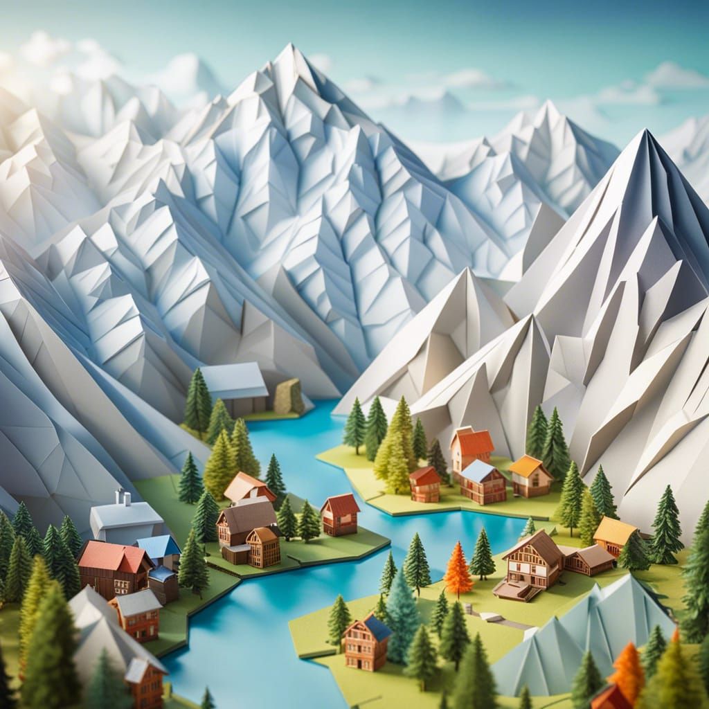 Mountain views of the Alps. It should include snowy peaks, clear lakes and picturesque villages of Origami ...  by @Elinore