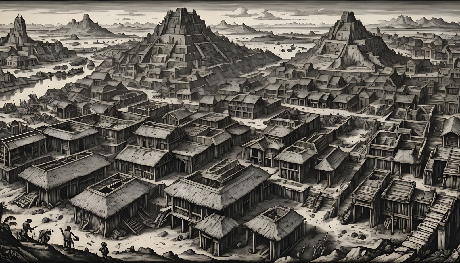 an abandoned Aztec port city with a few wooden hovels in it