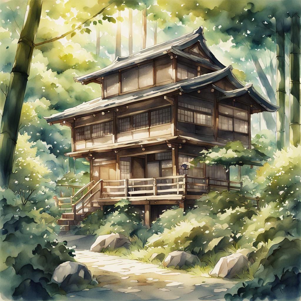 Anime aesthetic, a detailed watercolor painting of a traditi...