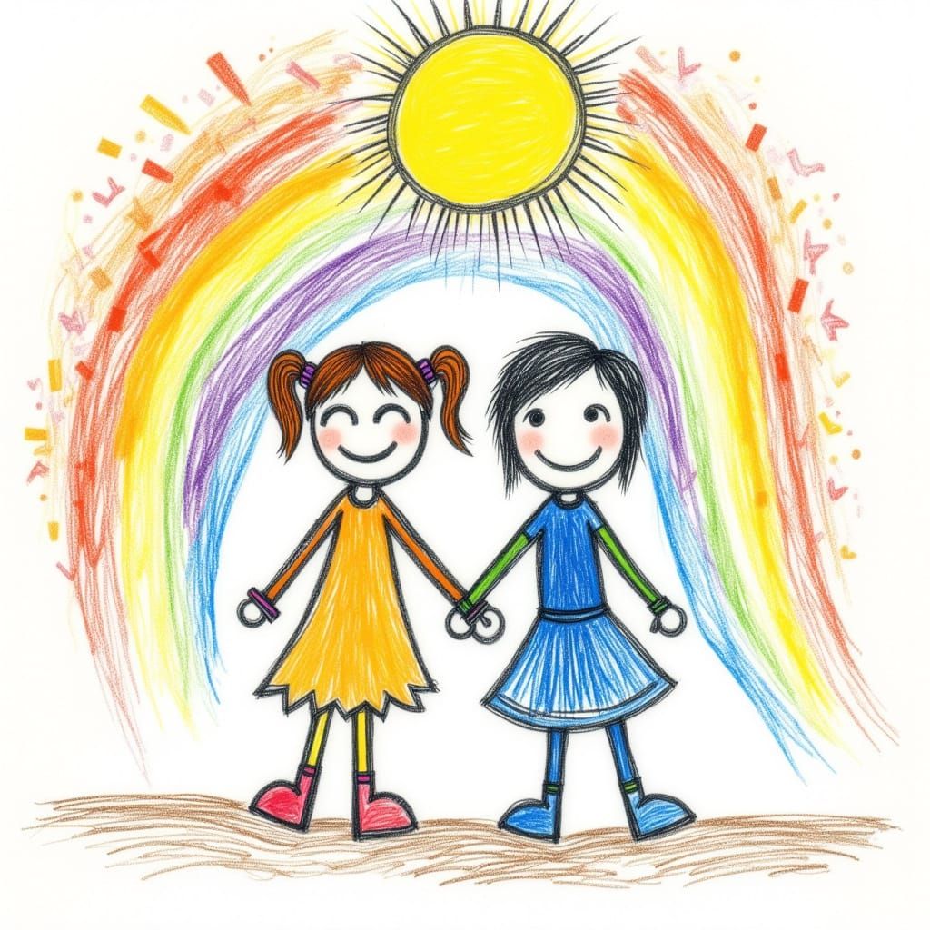 <lora:Crayon Doodles 2:1.0> Kid's drawing of friendship