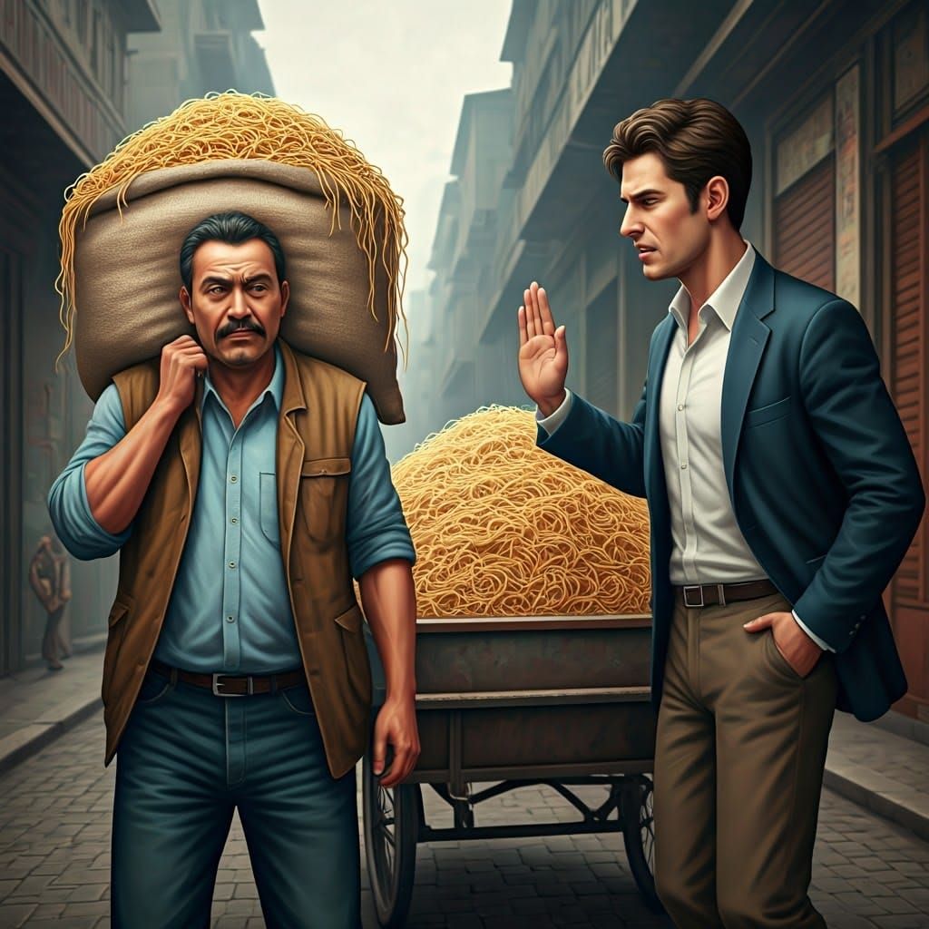 Angry Young Man Refuses Noodle Offer in Hyper-Realistic Styl...