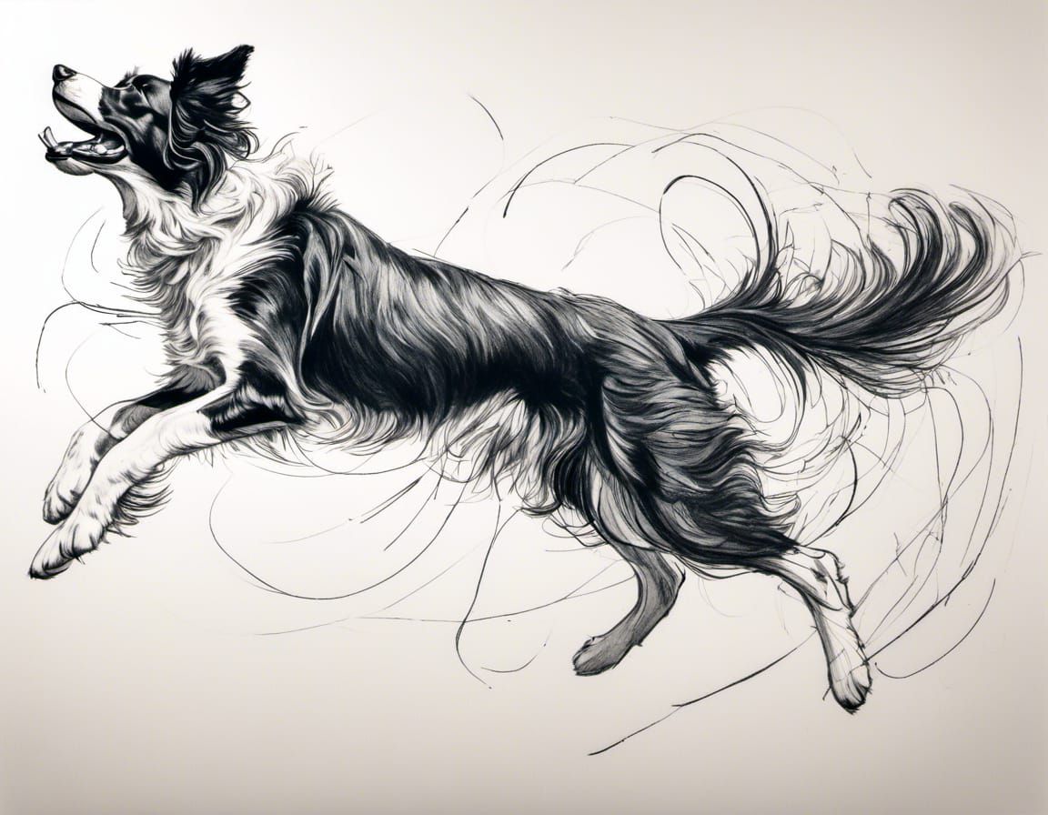 Border Collie in Motion: Continuous Line Pencil Drawing