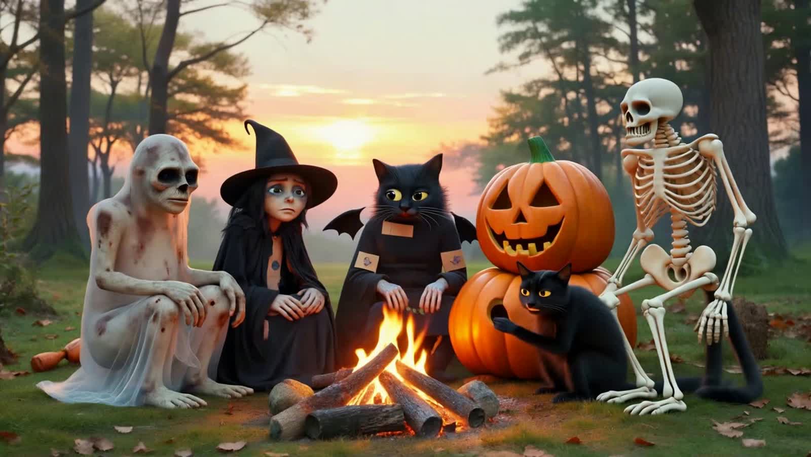 A ghost, witch, bat,  pumpkin,  cat,  skeleton,  sitting around the camp fire in the start of morning,  sun is just comi...