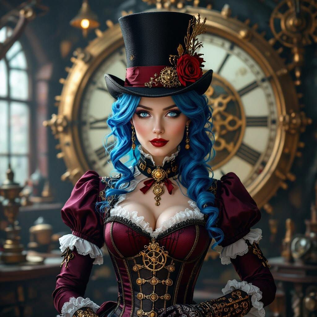 Steampunk Woman with Blue Hair in Clockwork Workshop