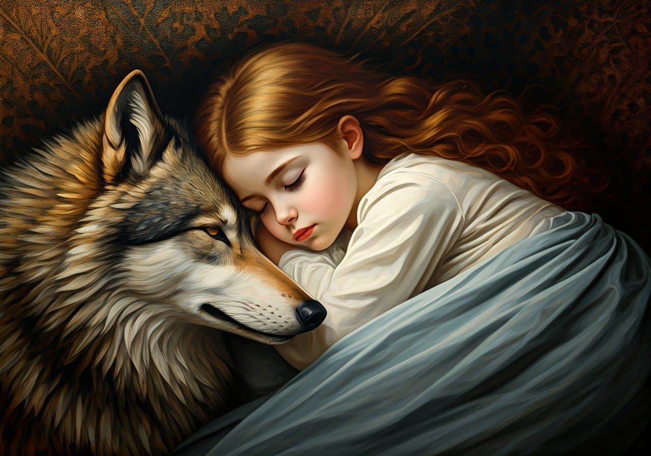 girl sleeping with a wolf, 
Sweet dreams are made of this, J...