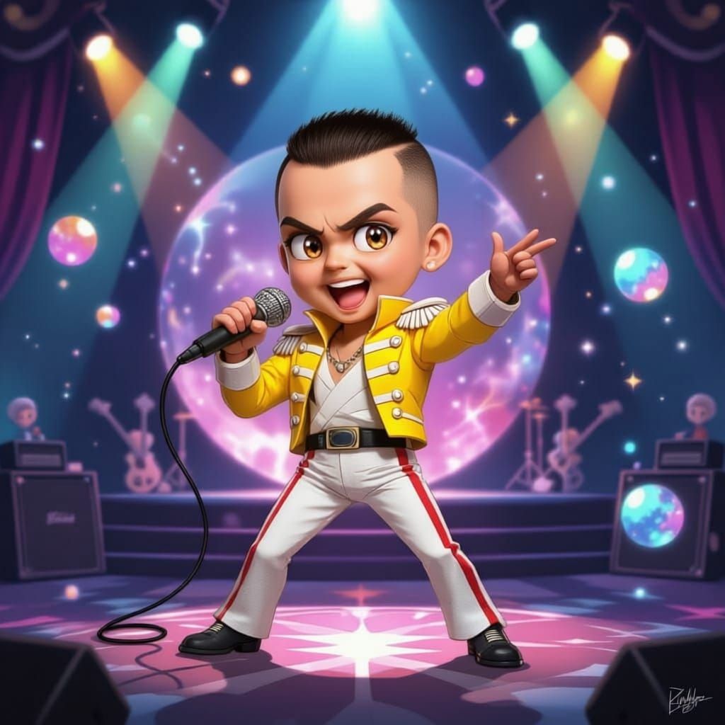 A whimsical chibi rendition of Freddie Mercury in his iconic Queen attire, mid-performance on a grand, fantastical stage. The setting is a v...