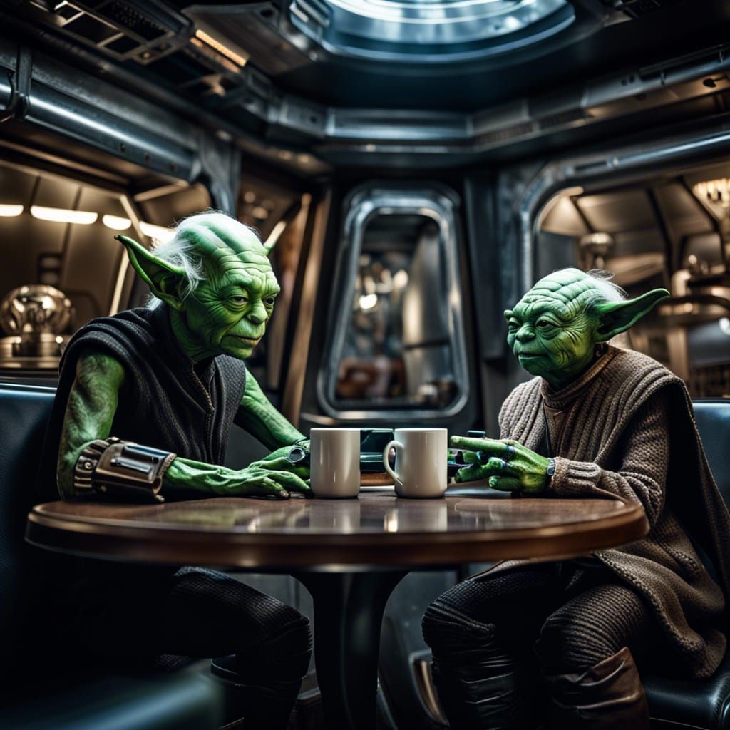 Yoda together with whom in a spaceship coffeeshop  by @Menno