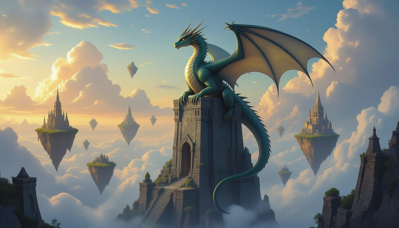A solitary, ancient dragon perched atop a crumbling obsidian tower, its scales shimmering with an inner, otherworldly light. Below, a vast, ...