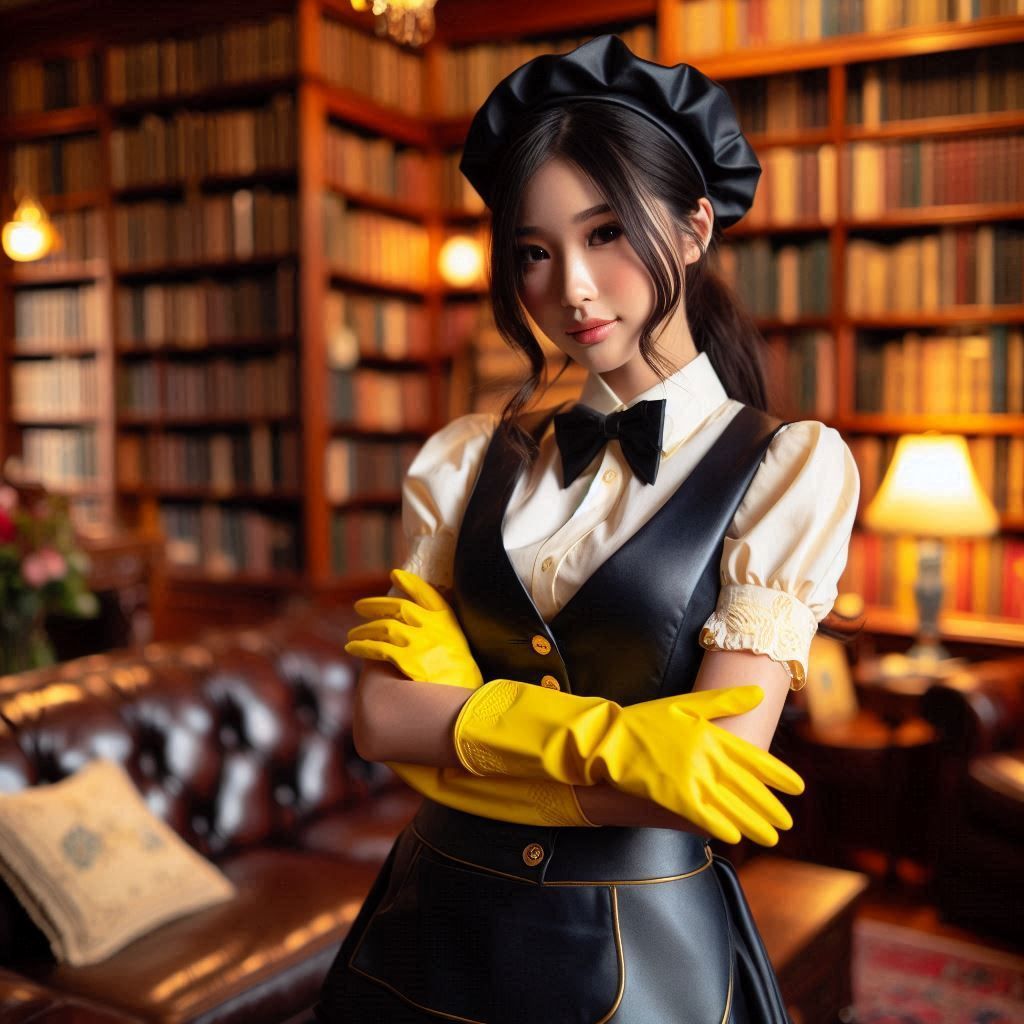A female japanese butler in the library of a posh Australian...