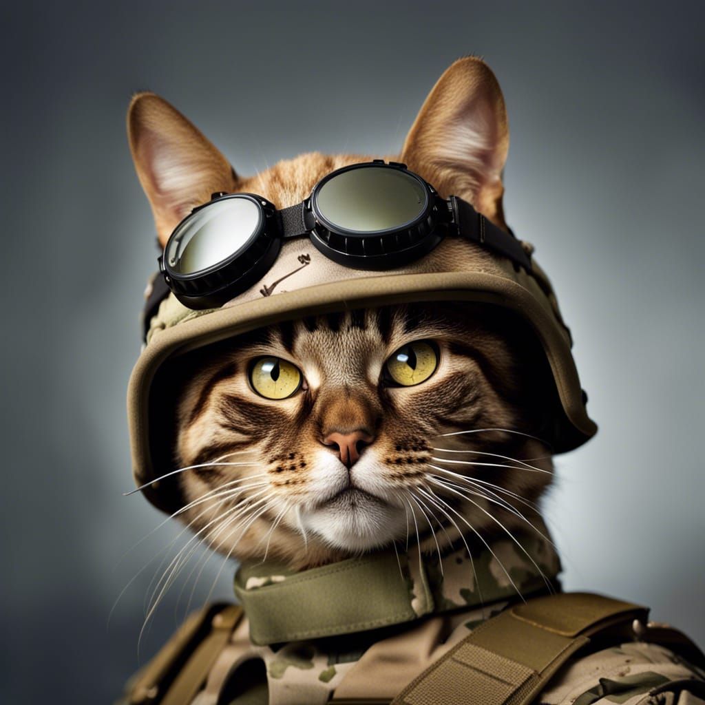 a soldier cat which is wearing a goggle and has a riffle, Close-up ...