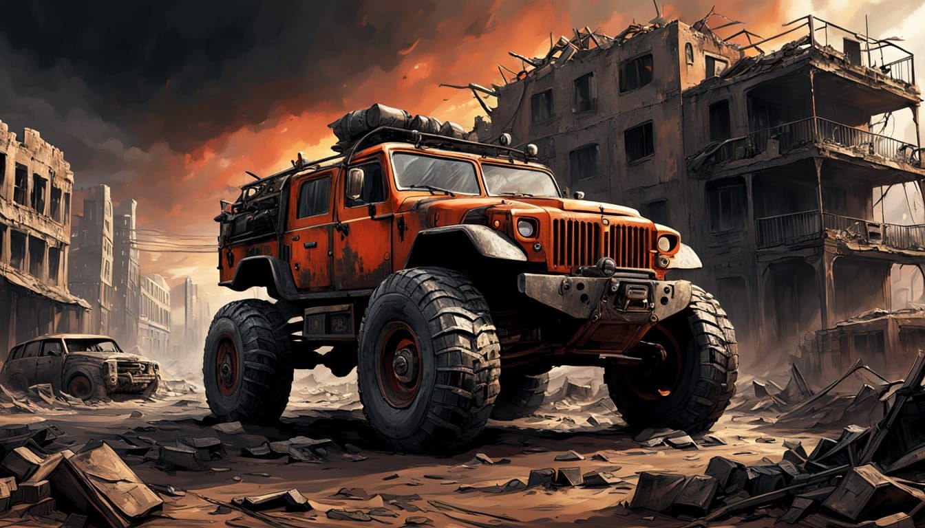 Post-Apocalyptic Off-Road Vehicle in a Ruined Urban Wasteland  by @Zam