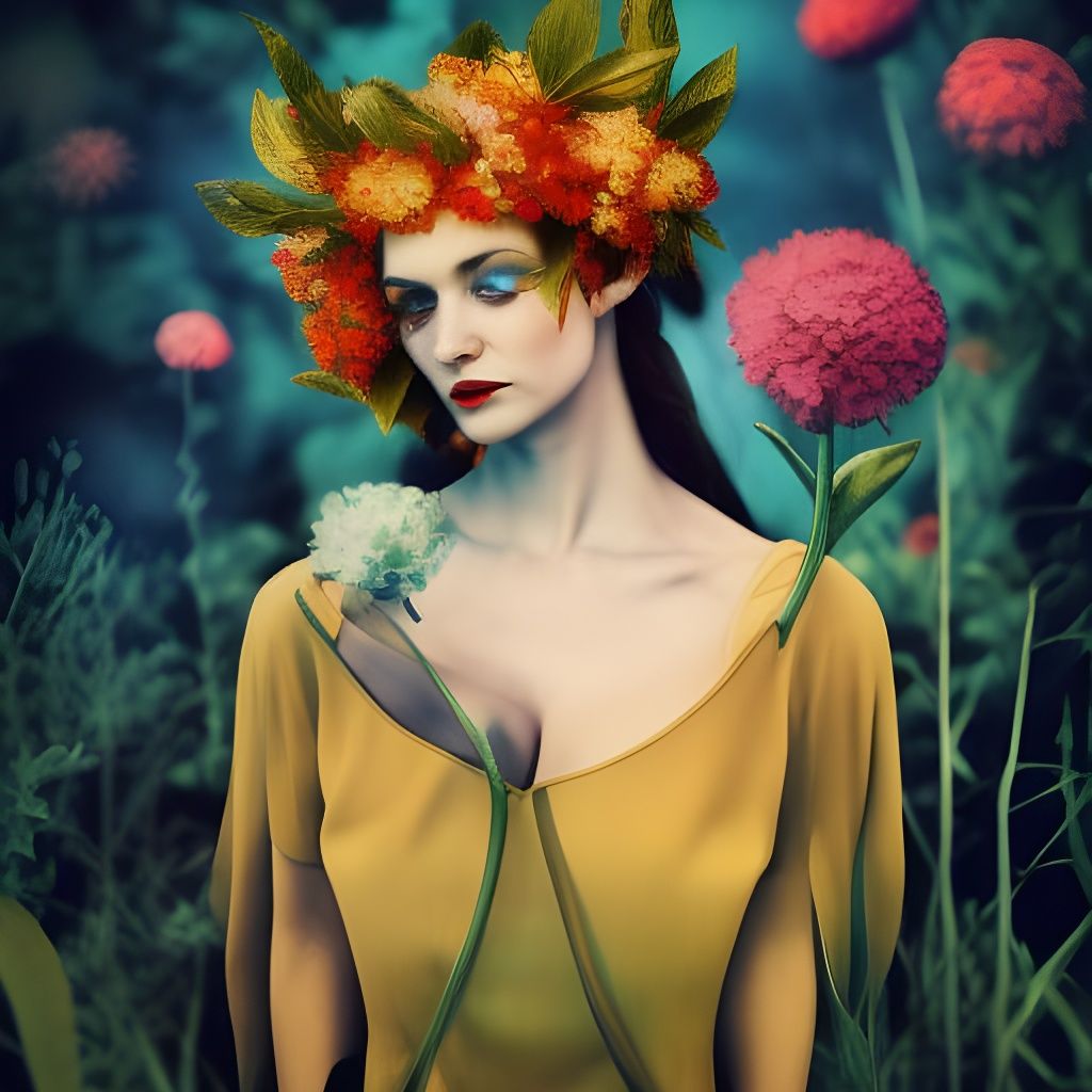 Beautiful Woman with Flower Head in Surreal Style