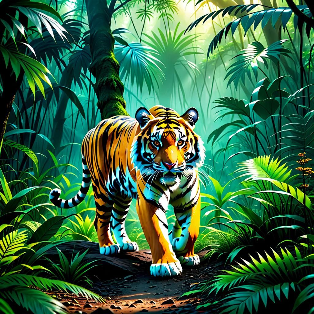 wide  shot of one tiger perfect anatomy in Indian jungle ama...