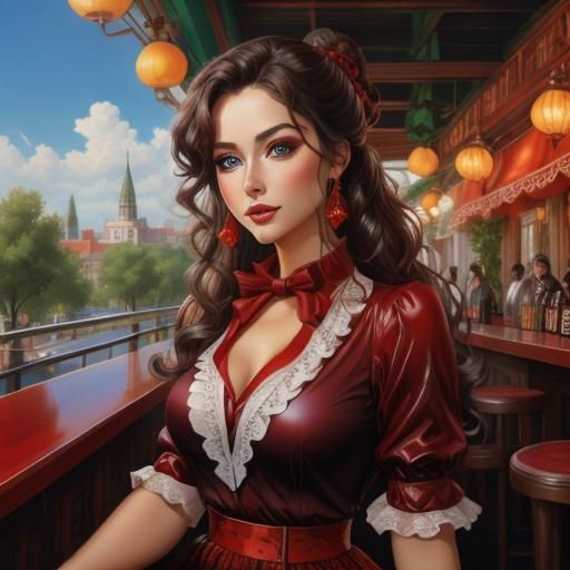 <lora:Nice Girl:1.0> pretty woman, brown hair, shiny  black red  latex short dress with ruffles, on terrace bar.