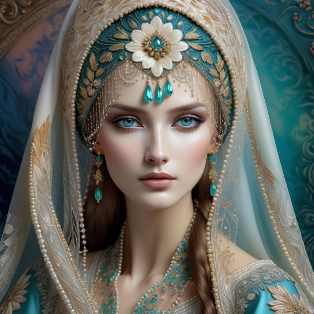 Beautiful tsarina Eudoxia young and thin in sarafan Blue and kokoshnik with long veil.