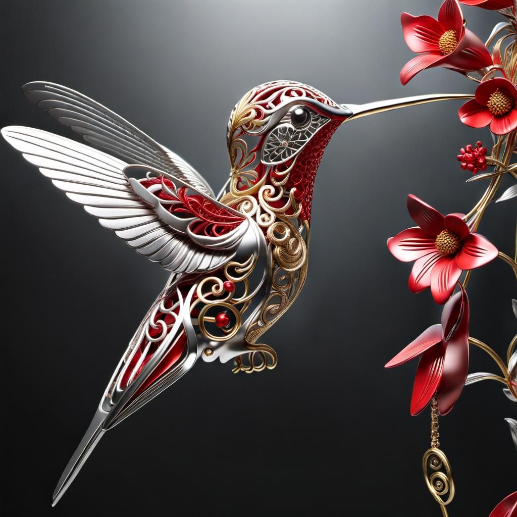 Delicate filigree and solid, silver and gold, metal art hummingbird  by @Phaedrus