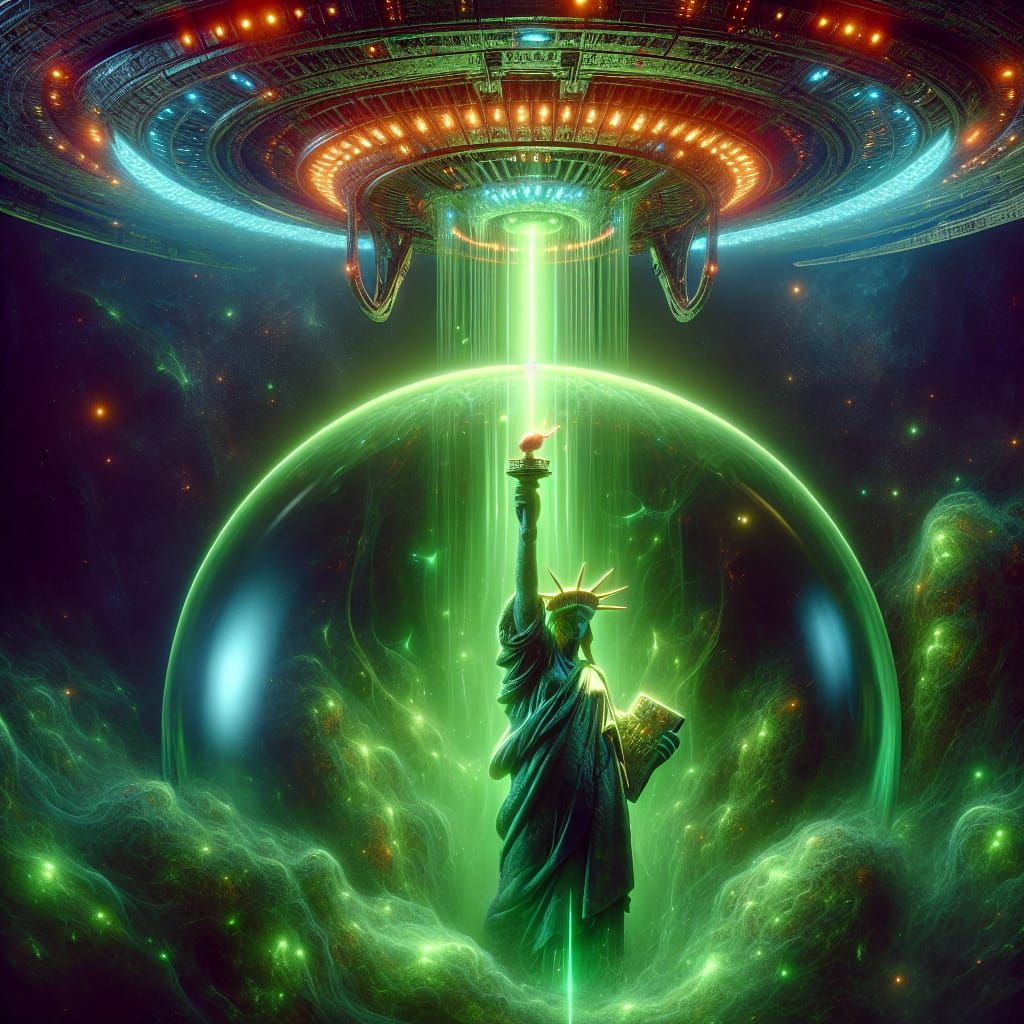 An alien spaceship that has a green beam of light shooting o...