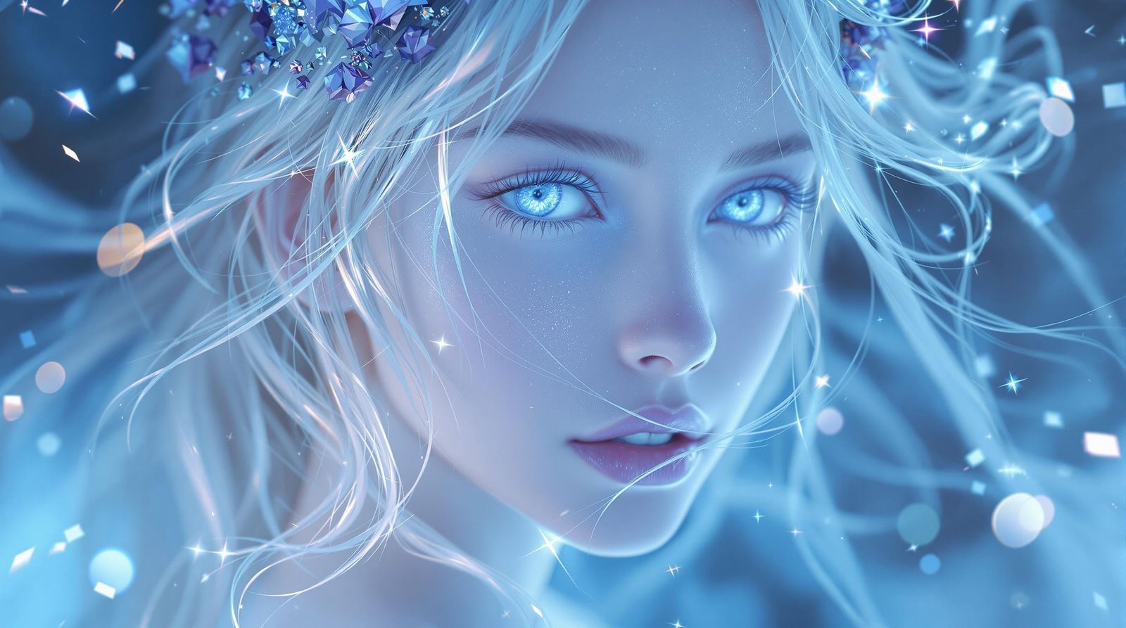 A young woman with long, flowing silver hair, pale skin, and icy blue eyes, captured in soft, cool lighting ...  by @Roberta Pelloni