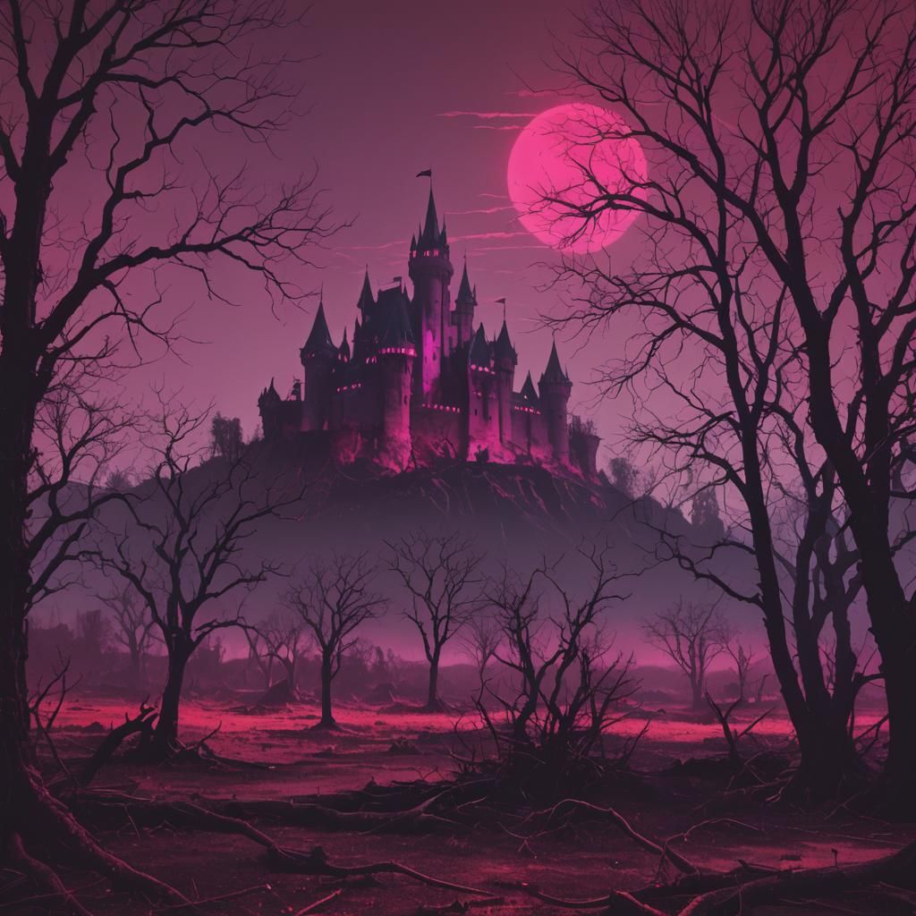 gloomy trees with a castle in the distance. death lingers