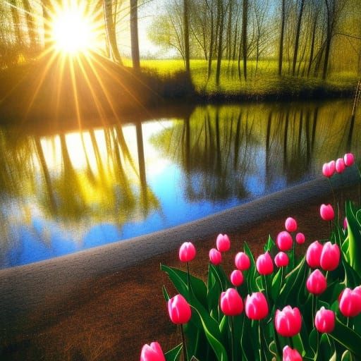 tulips on the edge of a river with reflections and tall tree...