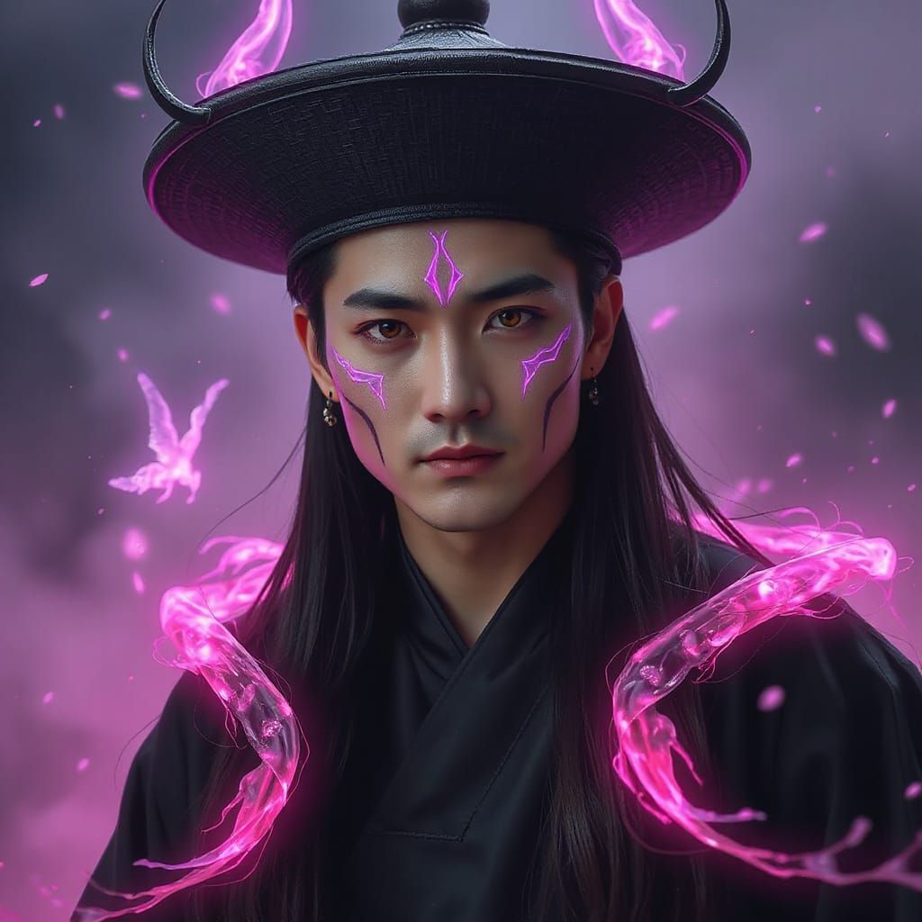 Evil Korean Man in Hanbok with Glowing Eyes