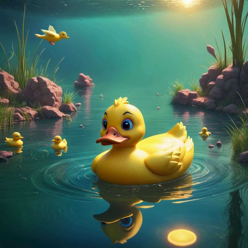 a little yellow duck swims in a lake with big fish