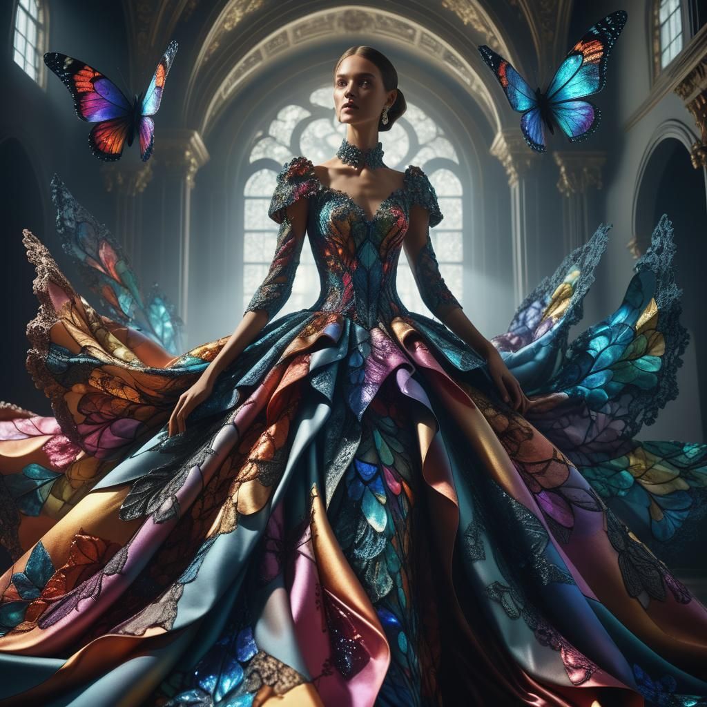 Hyper realistic, sharp focus, Haute couture FRACTALS fashion gown, Alexander McQueen Style