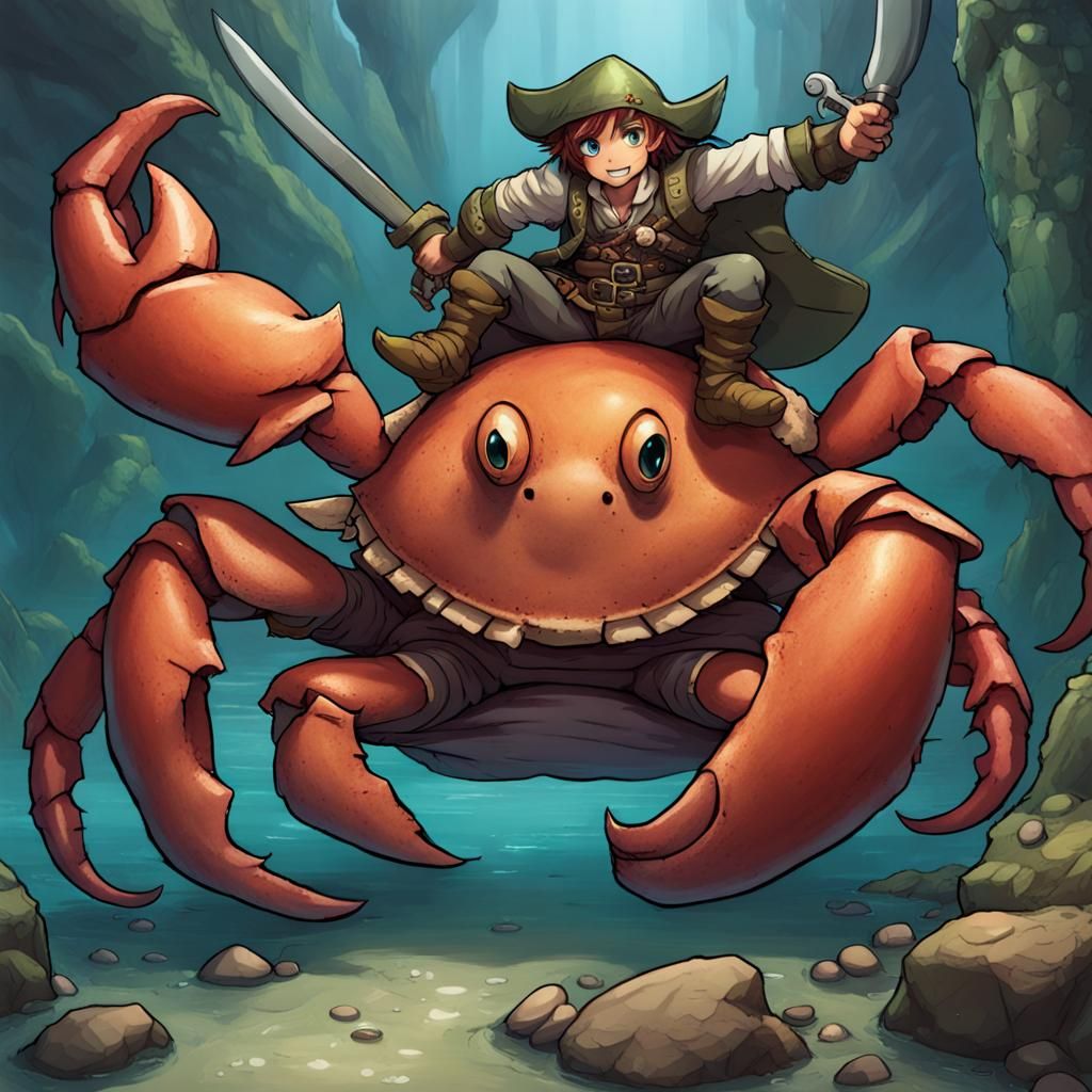 Anime male halfling with long brown hair who is a ranger pirate and rides a giant crab into battle in the sewers